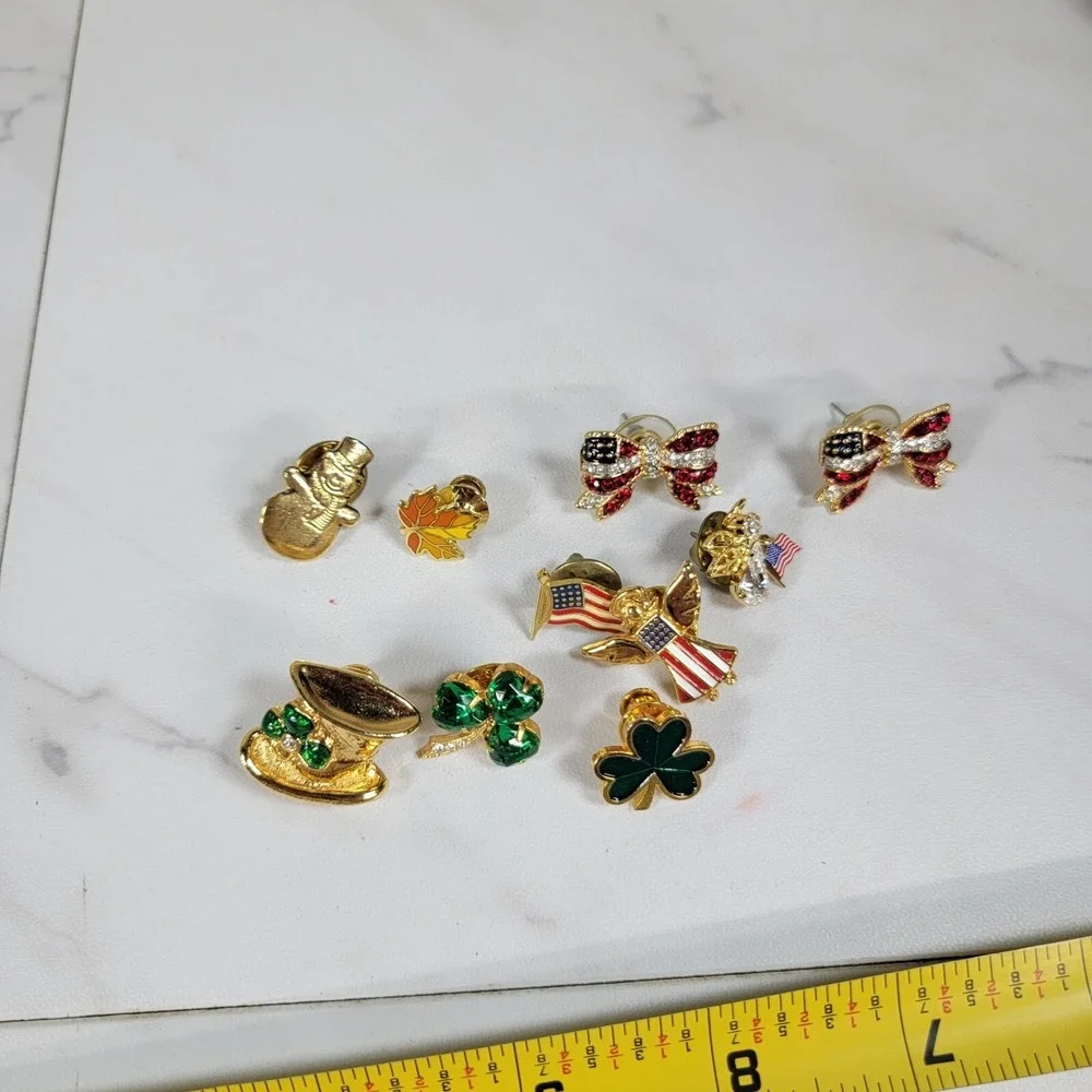 Lot Of Holiday Lapel Hat Pins Enamel Shamrock Flag Leaf Earring‎ Set